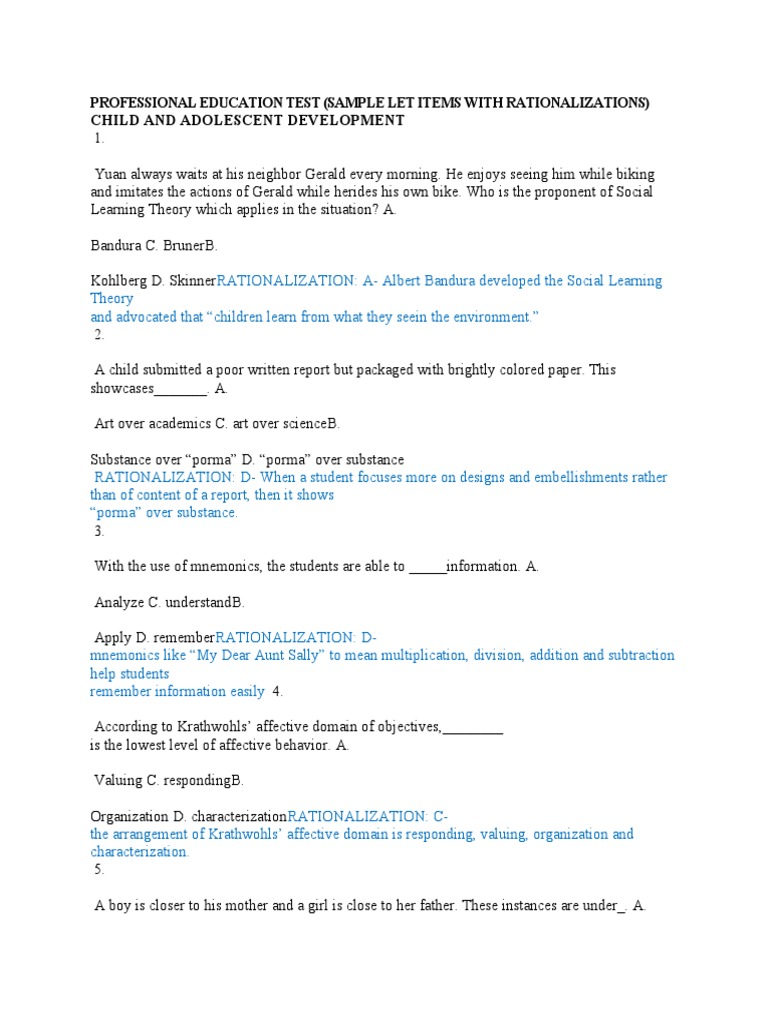 Sample LET Items on Child Development | PDF | Idea | Learning