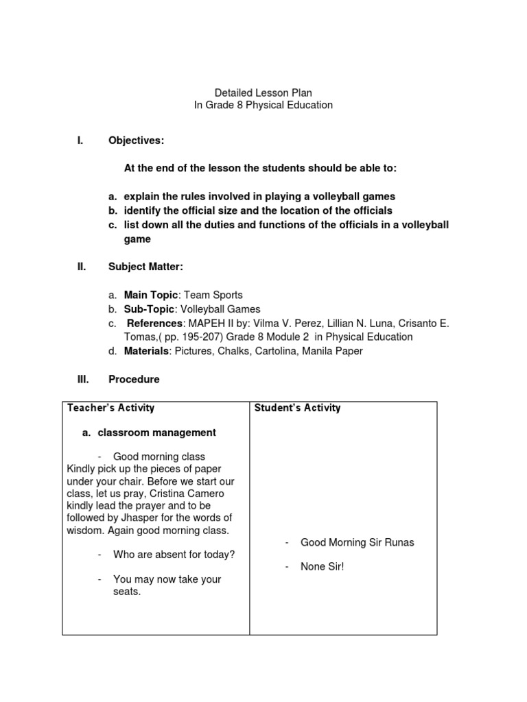 Grade 8 Volleyball Lesson Plan | PDF | Referee | Volleyball