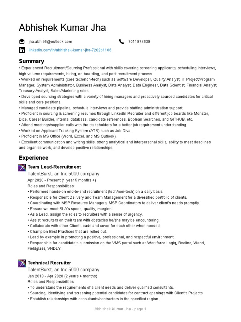 Abhishek Kumar Jha - Resume | PDF | Recruitment | Consultant