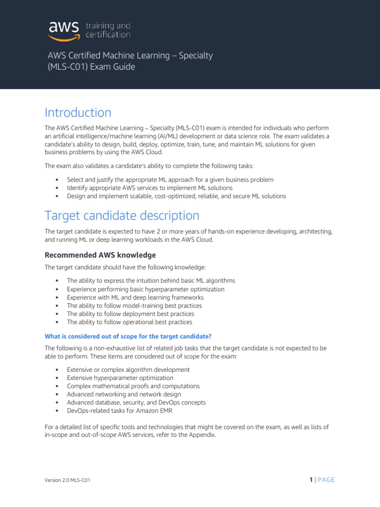 AWS MLS-C01 Certification Exam Guide | PDF | Machine Learning | Test ...