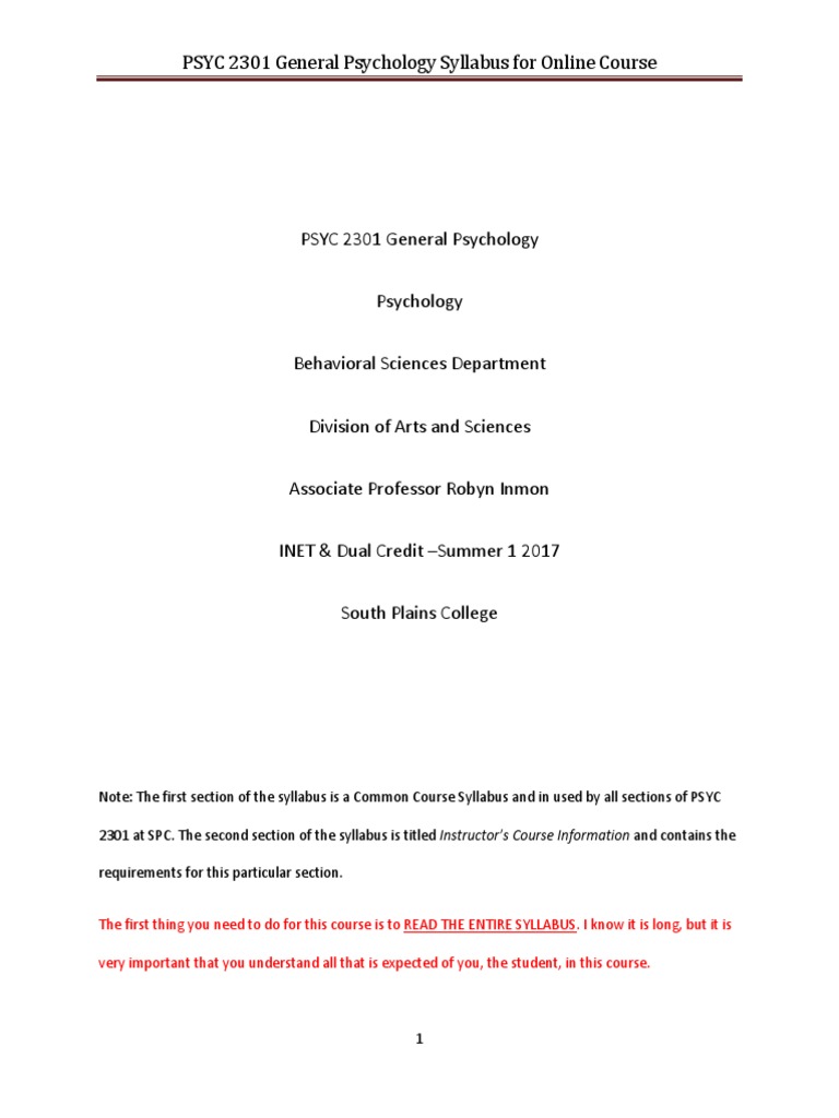 PSYC 2301 Online Psychology Syllabus | PDF | Test (Assessment ...