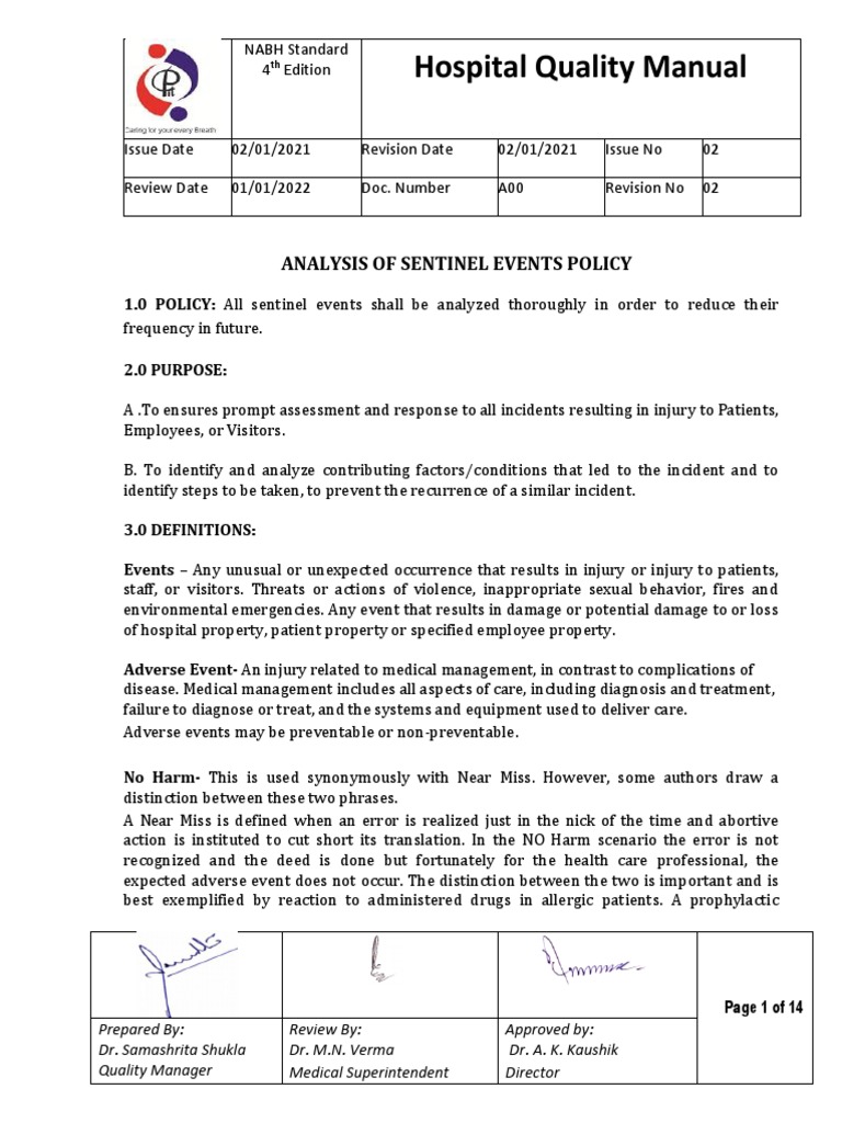 Hospital Quality Manual: Analysis of Sentinel Events Policy | PDF ...
