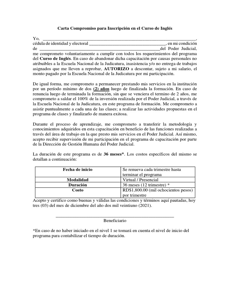 Carta Compromiso Ingles PDF