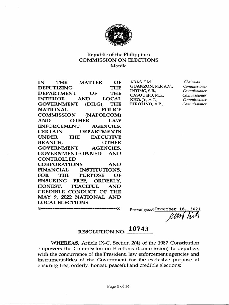 COMELEC-DEPUTATION OF NAPOLCOM Com - Res - 10743 | PDF