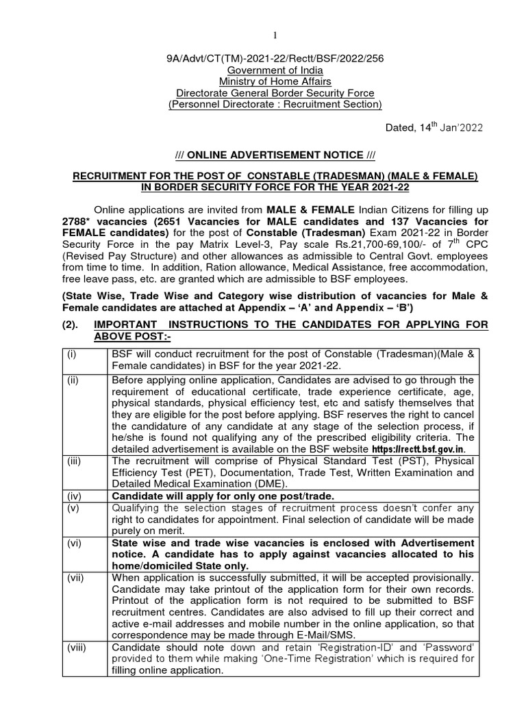 Constable (Tradesman) BSF &lsquo;GROUP C&rsquo; 2021-2022 | PDF | Test 