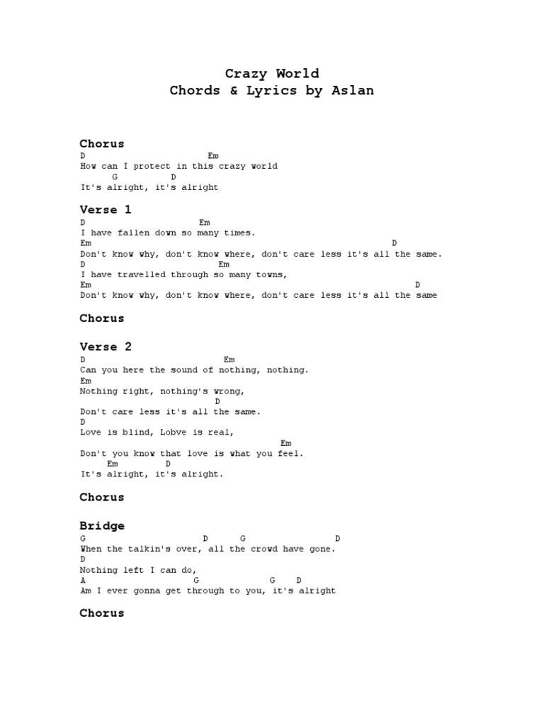 Crazy World Chords & Lyrics by Aslan Chorus PDF