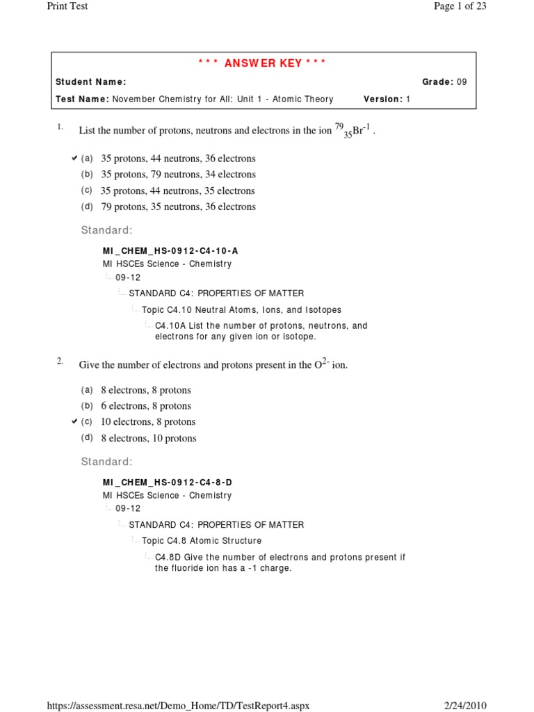 Development Of Atomic Theory Answer Key