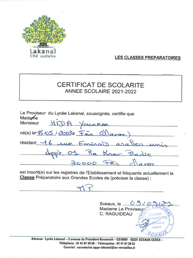 Certificat de Scolarité | PDF