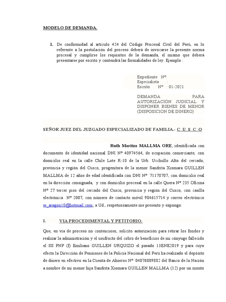 Modelo de Demanda para Retiro de Fondos | PDF | Demanda judicial | Ley ...