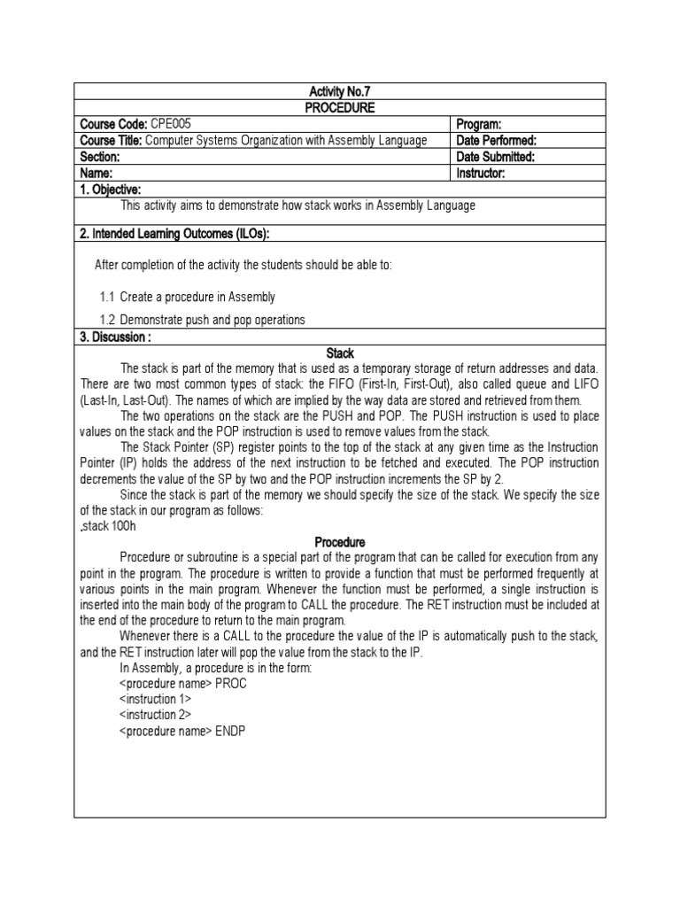 Demonstrating Procedures in Assembly Language | PDF | Subroutine ...