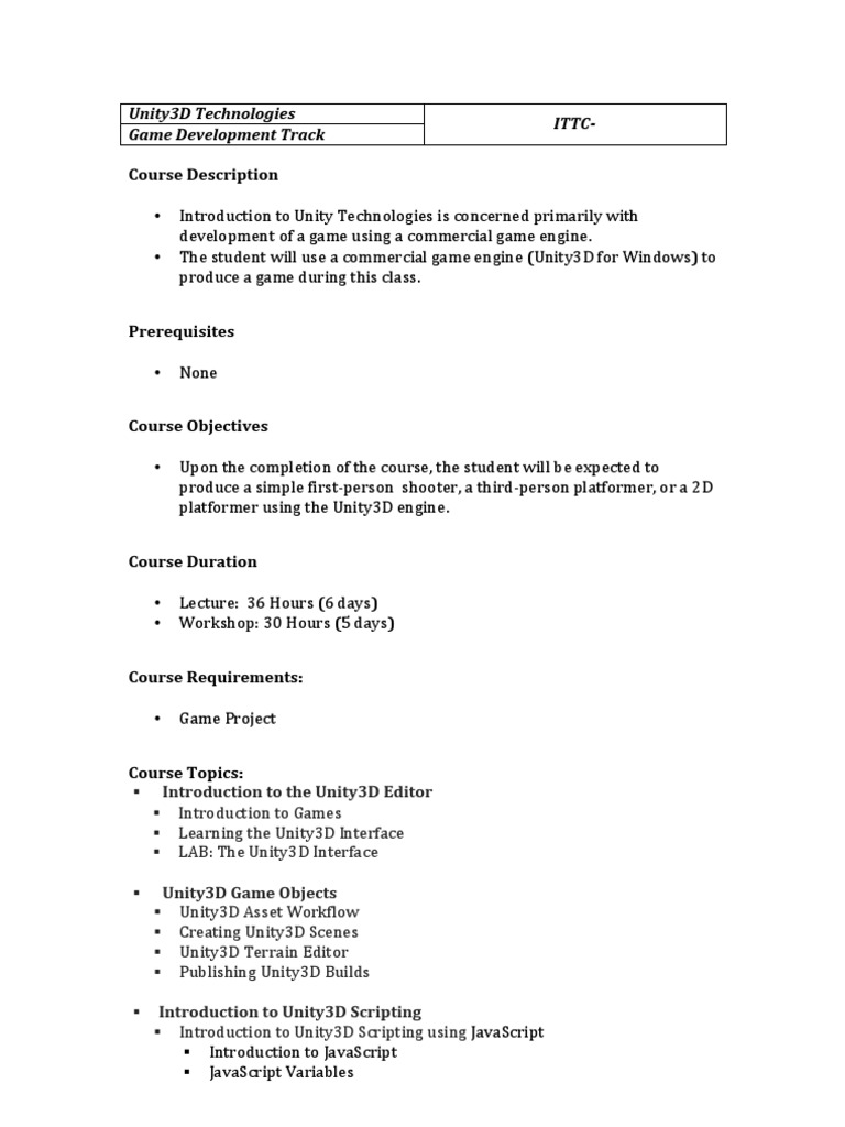 Unity3D Game Development Course | PDF | Unity (Game Engine) | C Sharp ...