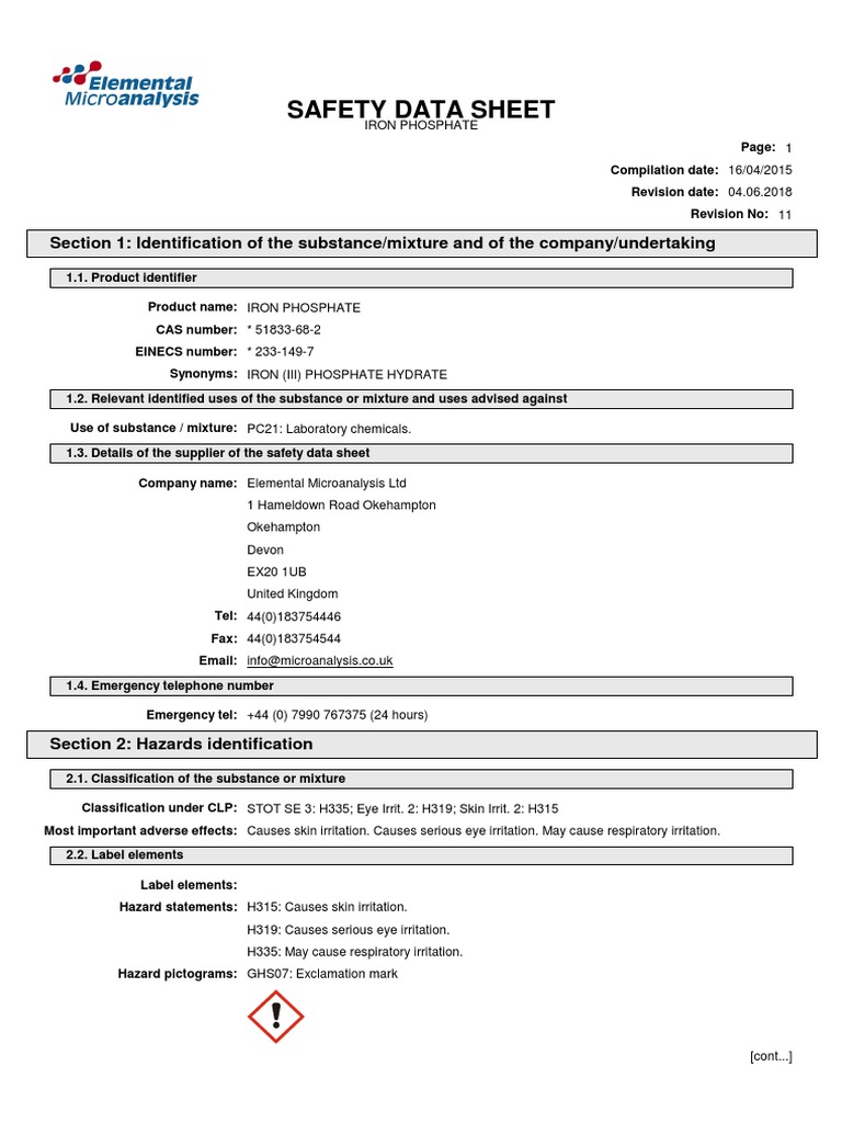 Iron Phosphate Safety Data Sheet | PDF | Chemistry | Working Conditions