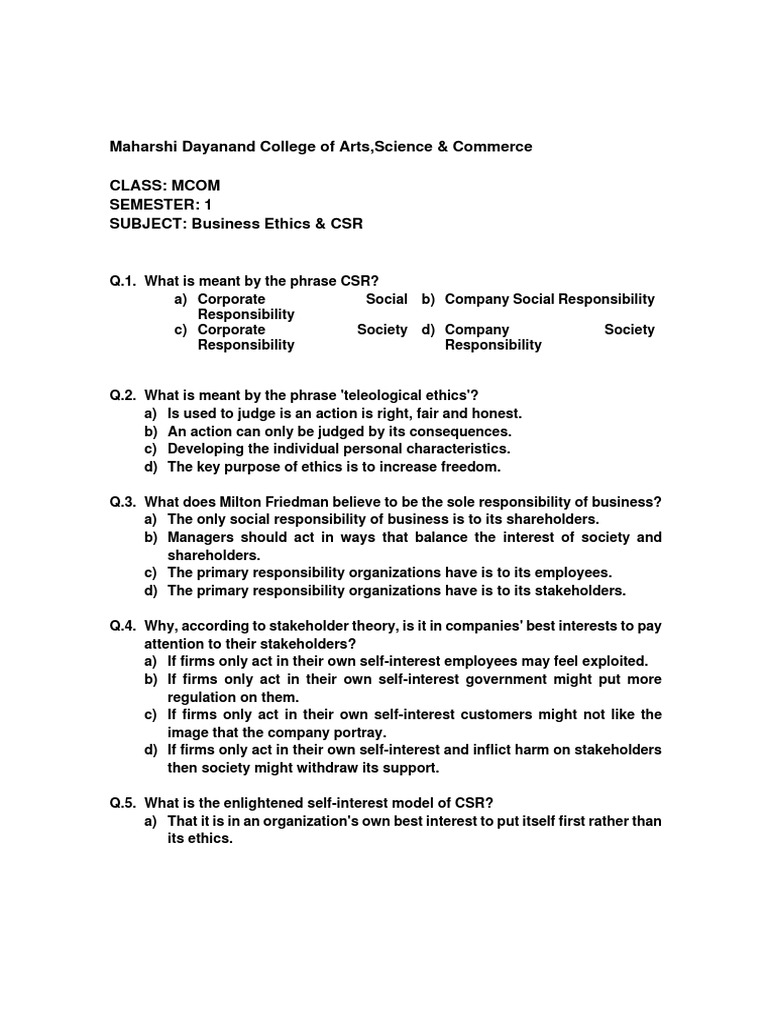 MCOM Business Ethics CSR MCQ | PDF | Corporate Social Responsibility ...