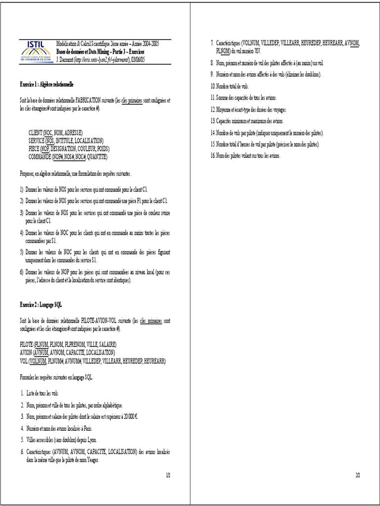 Exercices de SQL et Algèbre Relationnelle | PDF | SQL | Données