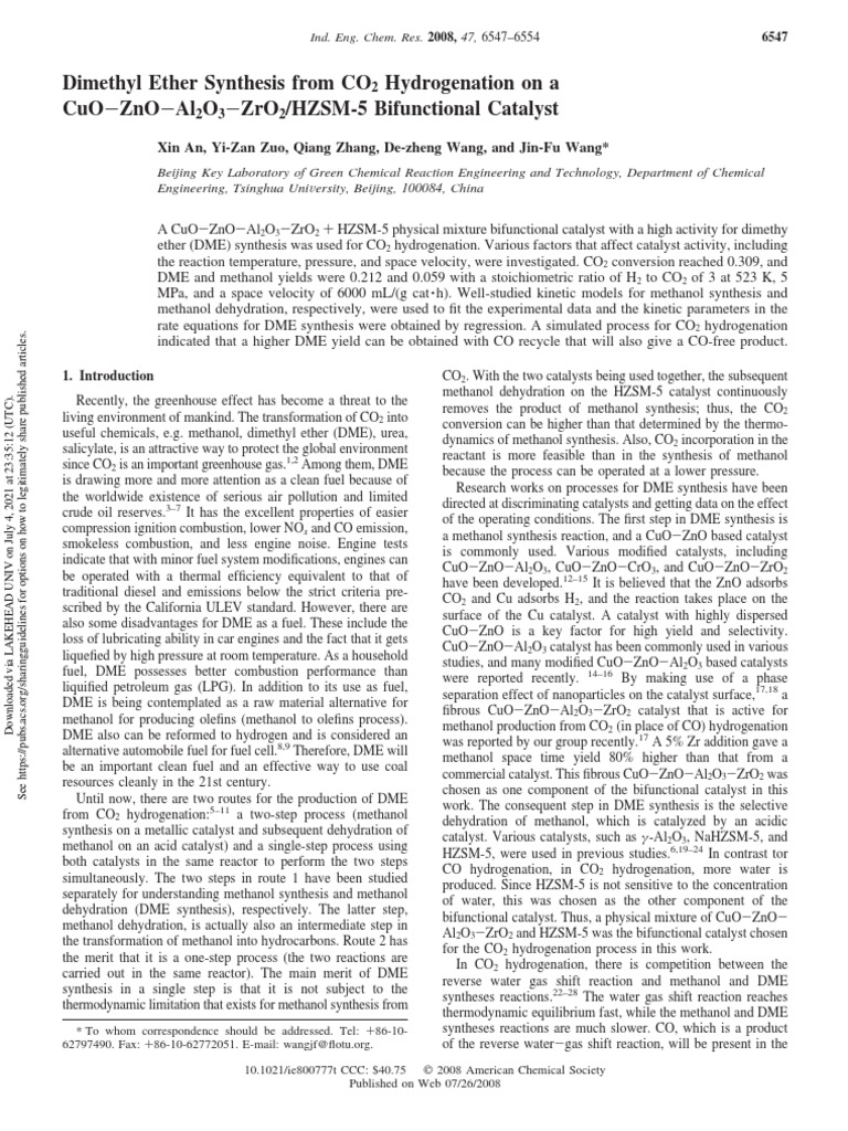 Dimethyl Ether Synthesis From CO2 Hydrogenation On A PDF Catalysis