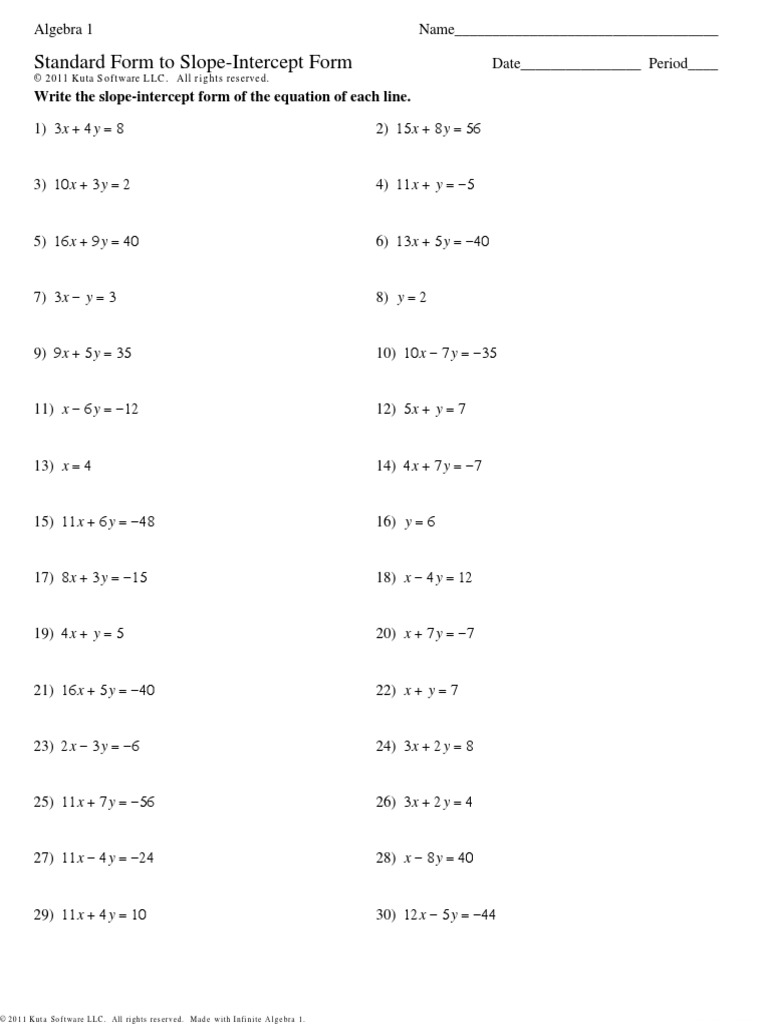 Standard Form To SlopeIntercept Form X y X y PDF Algebra