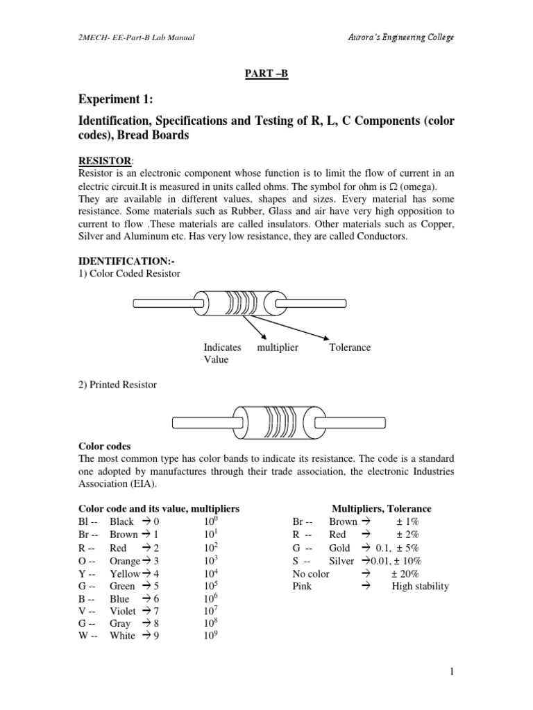 Experiment 1 Identification, Specifications and Testing of R, L, C