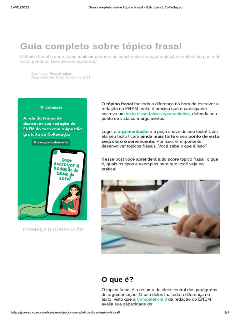 Guia Completo Sobre Tópico Frasal - Estrutura - CoRedação | PDF