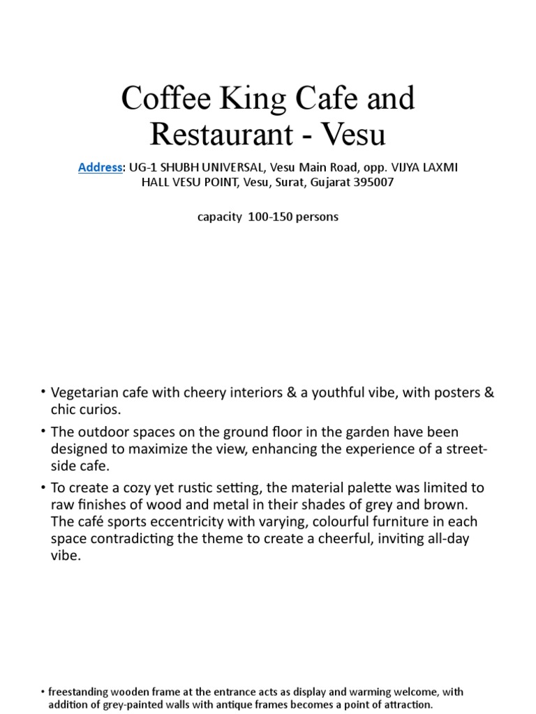 Coffee King Cafe and Restaurant Vesu Address PDF