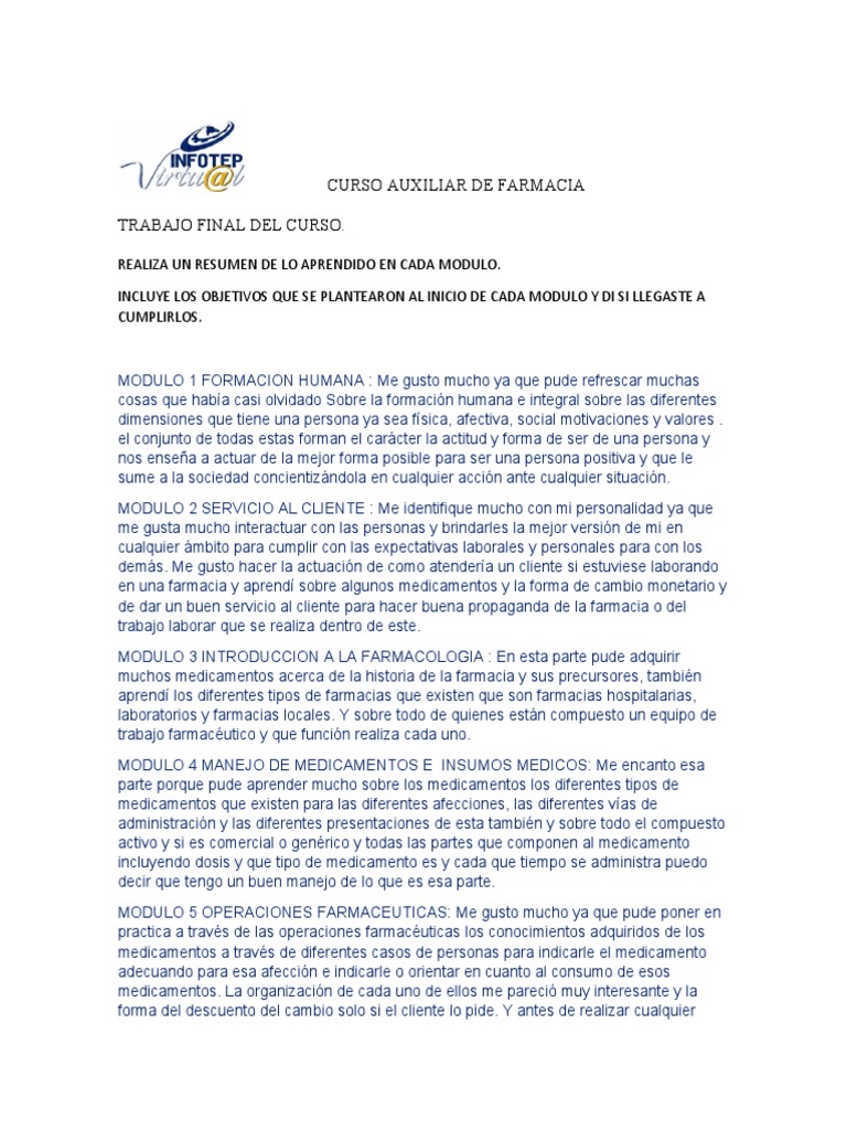 Trabajo Final Del Curso Auxiliar de Farmacia. PDF Farmacia
