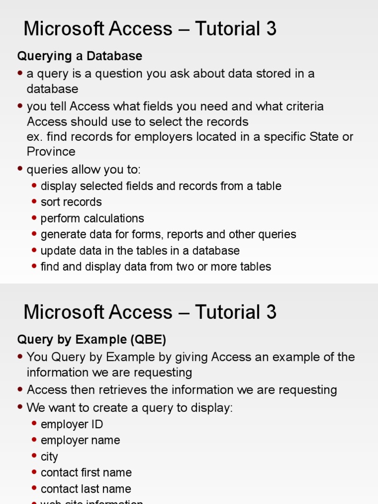 Microsoft Access Query Tutorial Guide | PDF | Microsoft Access | Computing