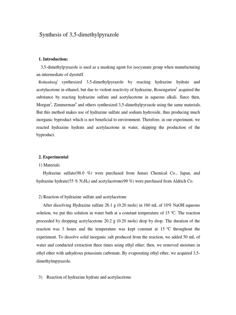 Synthesis Of 3 5 Dimethylpyrazole Pdf Chemical Reactions Chemical