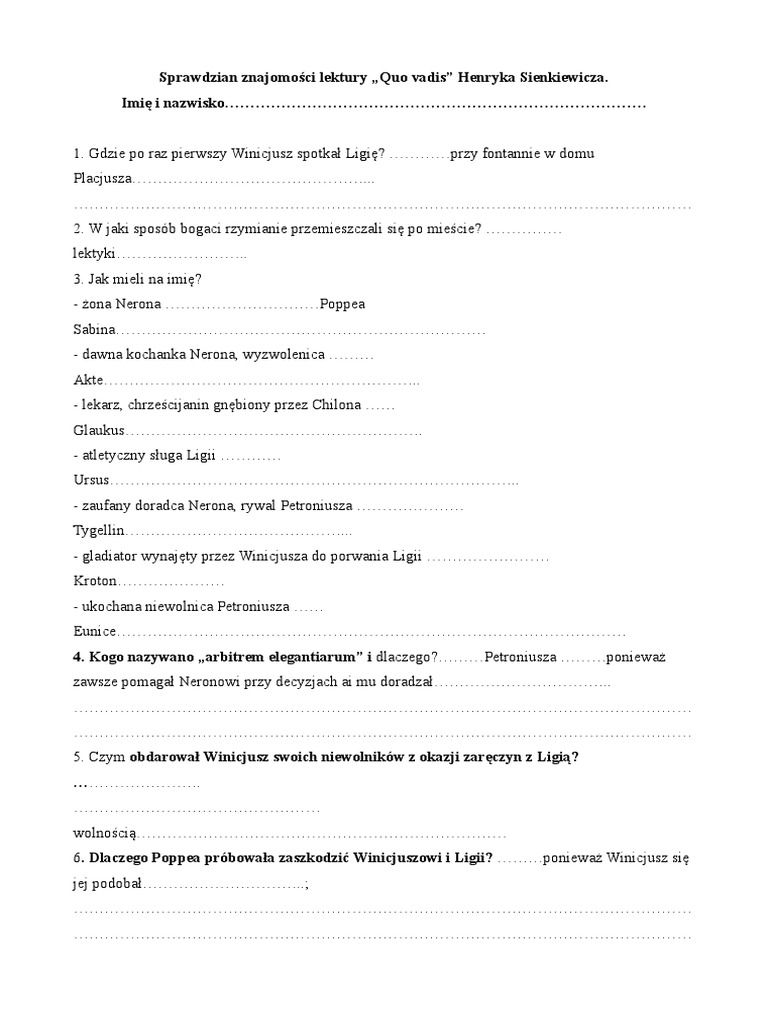 Test Ze Znajomosci Lektury Quo Vadis