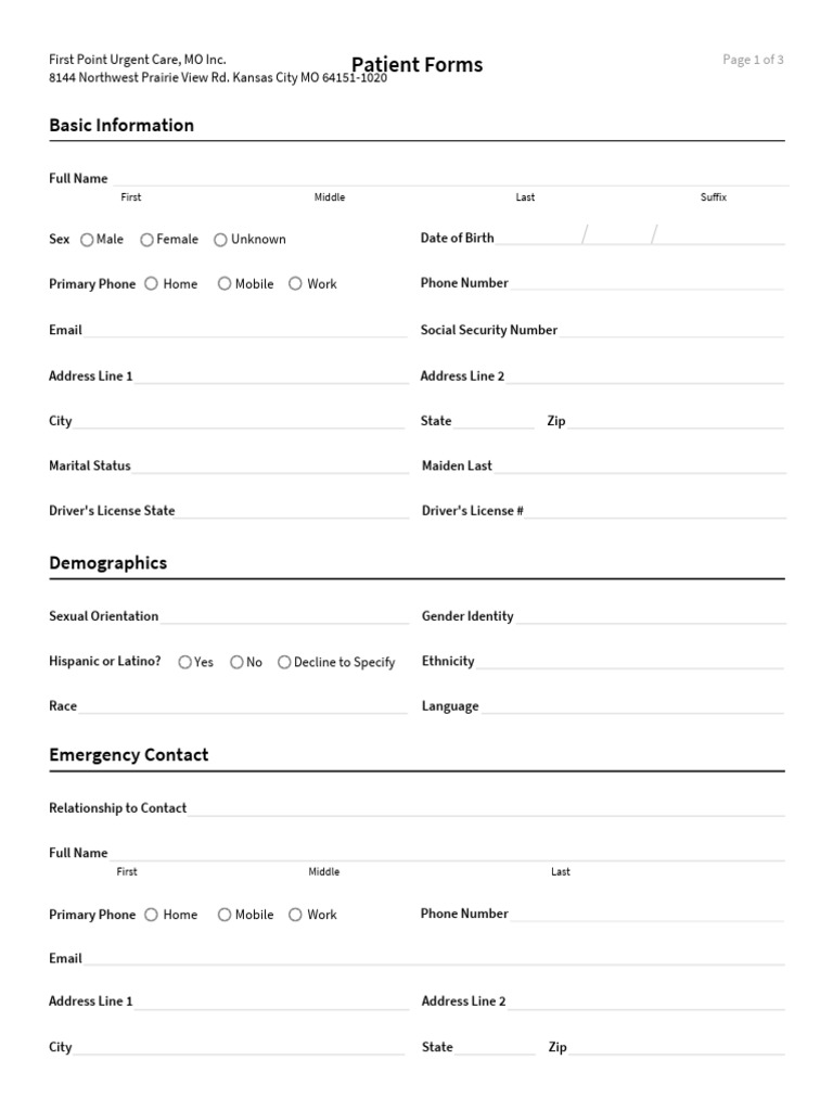 First Point Urgent Care Patient Forms | PDF | Insurance | Sex