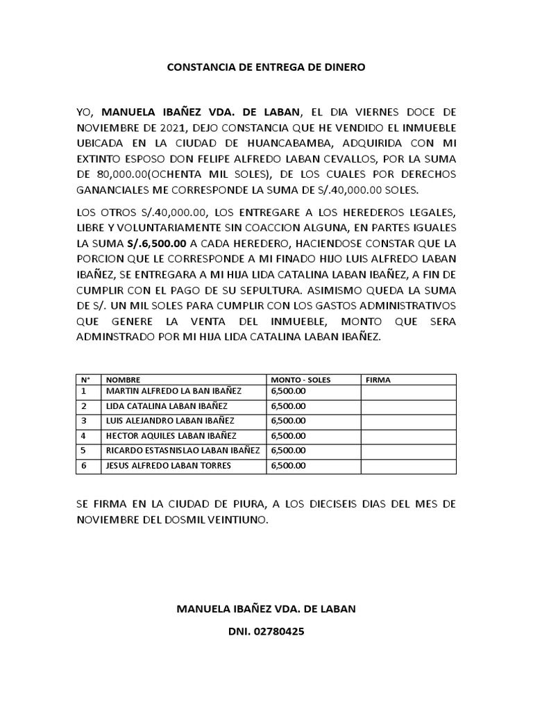Constancia de Entrega de Dinero PDF