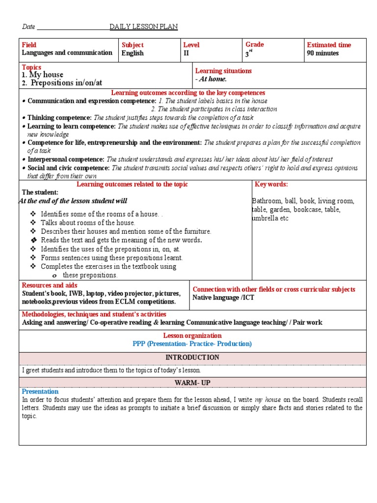 English Lesson Plan for 3rd Grade | PDF | Learning | Vocabulary