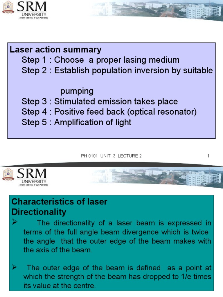 Laser Action Summary PH 0101 Unit 3 Lecture 2 1 PDF Laser Holography