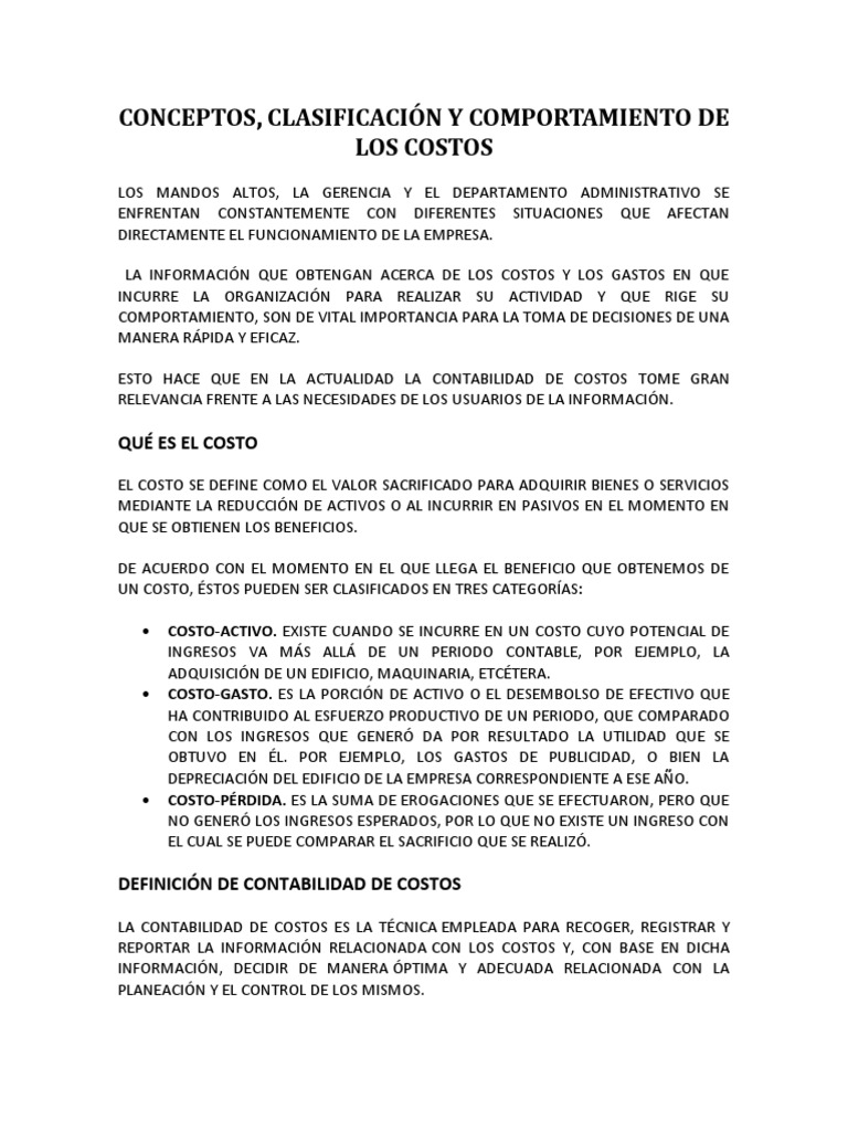 Clasificación y Comportamiento de Costos | PDF | Contabilidad ...