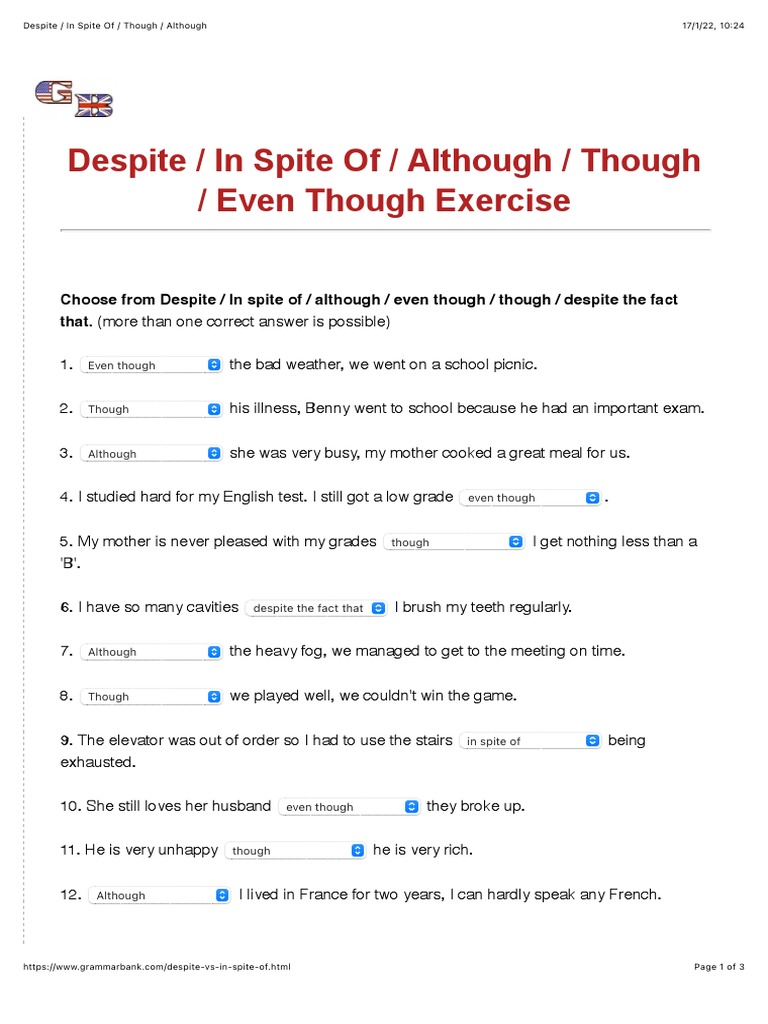 Grammar Exercise: Despite vs Although | PDF