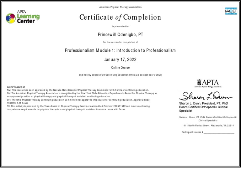 Certificate of Completion: Princewill Odenigbo, PT | PDF | Physical ...