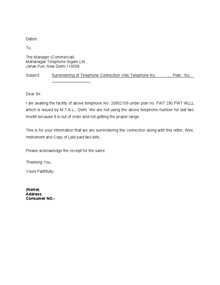 MTNL Landline Surrender Request Letter | PDF | Telephony | Electronics