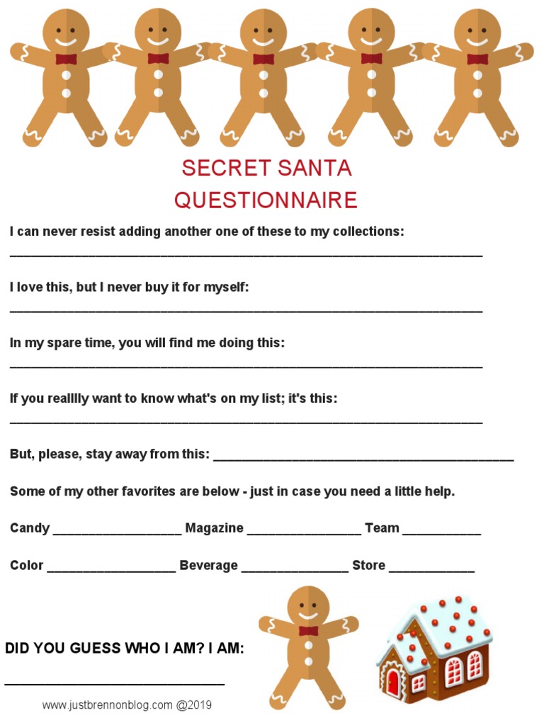 Secret Santa Questionnaire 08 | PDF | Home & Garden | Art for Pdf Free Printable Secret Santa Questions