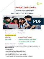 "Goethe-Institut", Trichy Centre: ONLINE German Language COURSE Basic Level "A1" For NIT Students