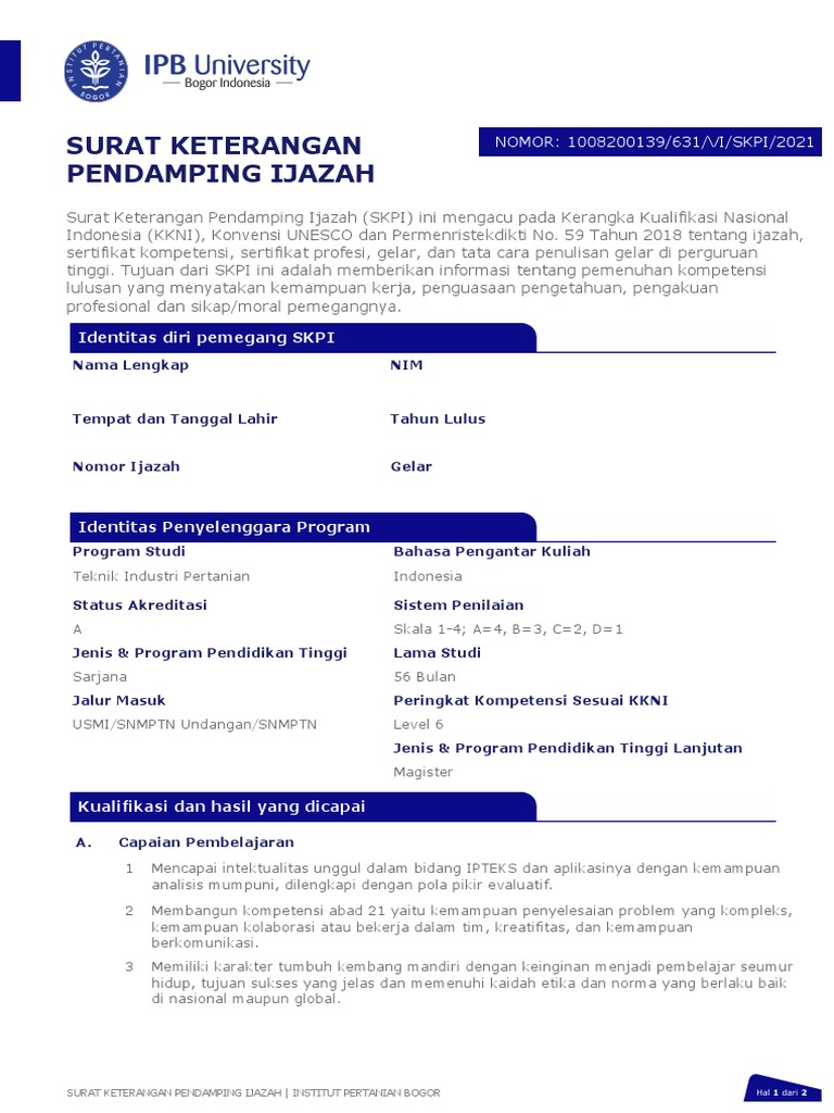 Contoh SKPI untuk Lulusan IPB | PDF | Seni