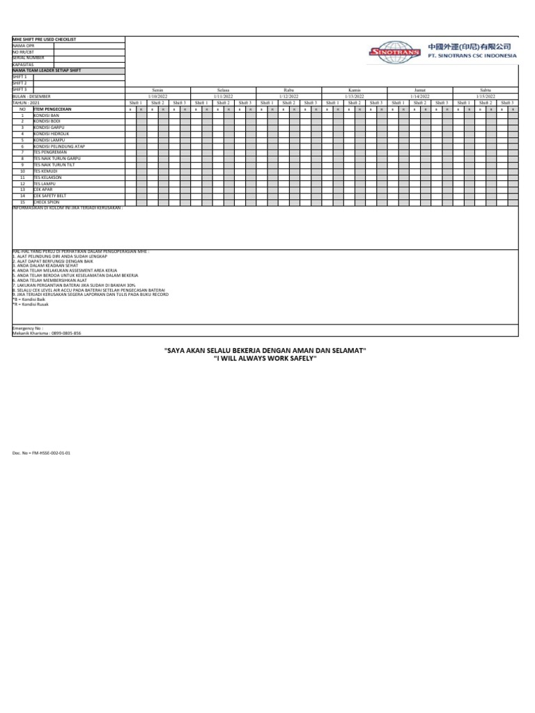 Checklist Inspeksi MHE Shift | PDF