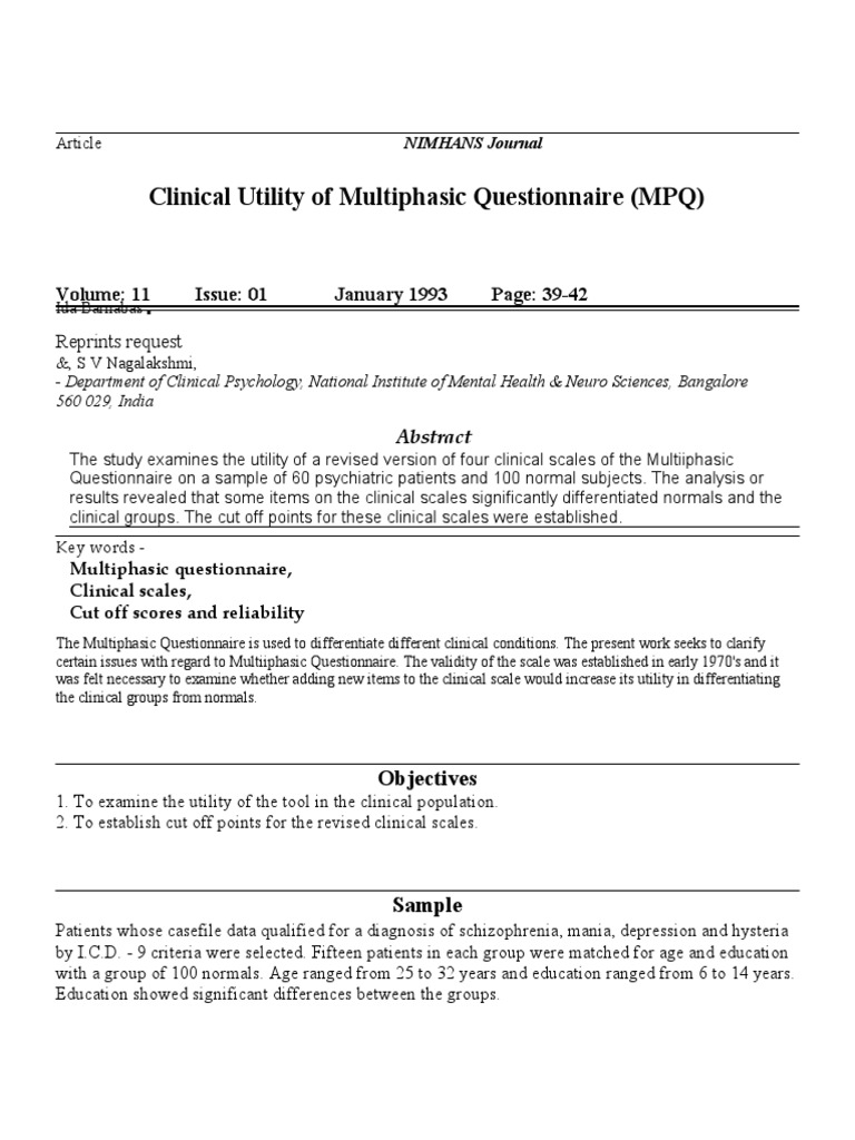 Clinical Utility of the MPQ Questionnaire | PDF | Psychiatry | Major ...