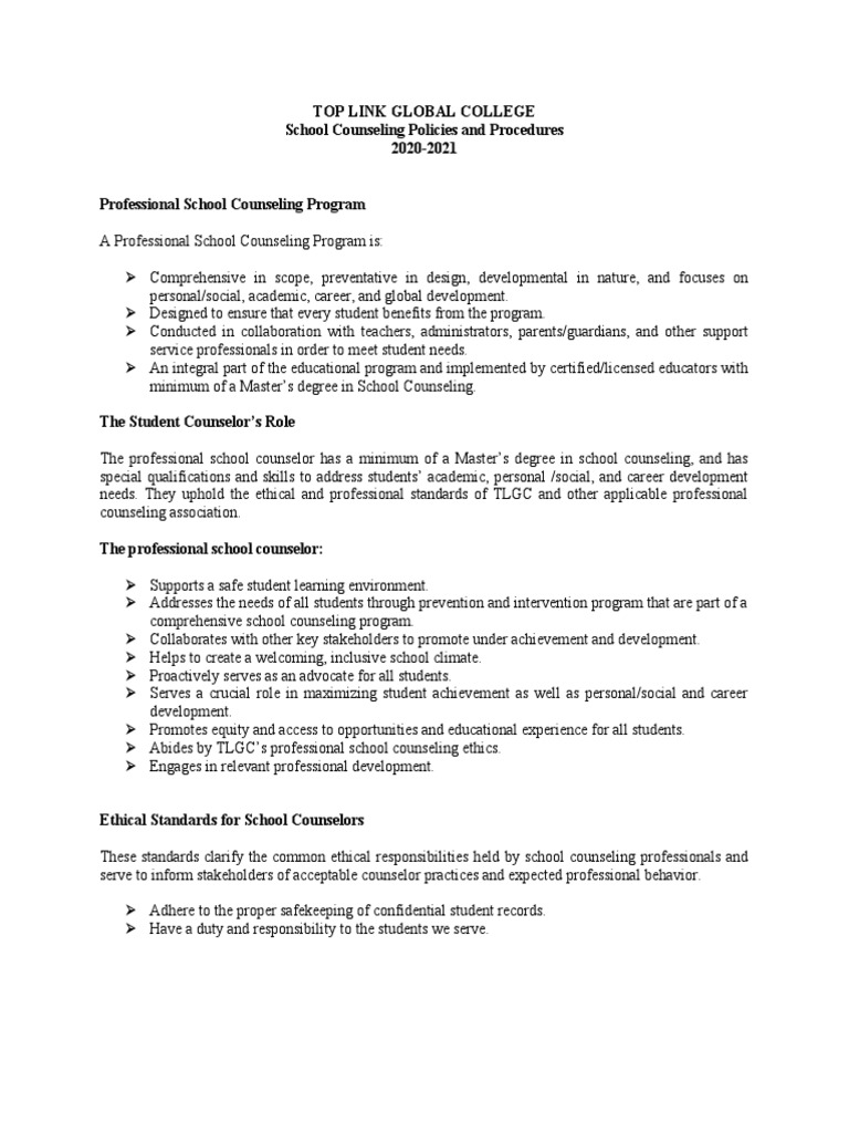School Counseling Policies and Procedures PDF School Counselor