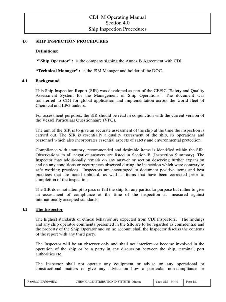 CDI-Marine Ship Inspection Procedures Rev052019Feb19HNS | PDF | Ships ...
