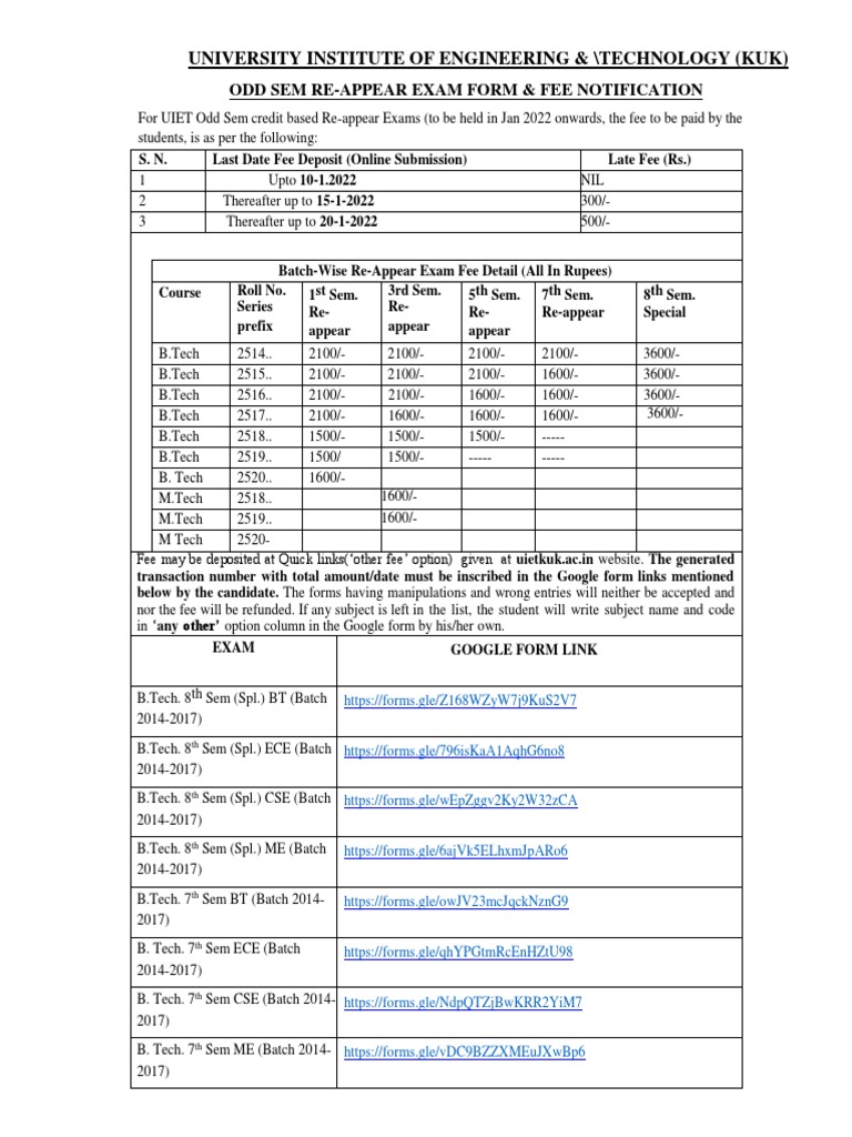 University institute of engineering technology kuk odd sem re
