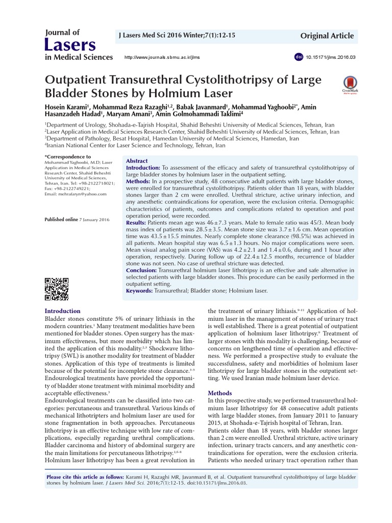 Lasers Outpatient Transurethral Cystolithotripsy of Large Bladder Stones by Holmium Laser PDF