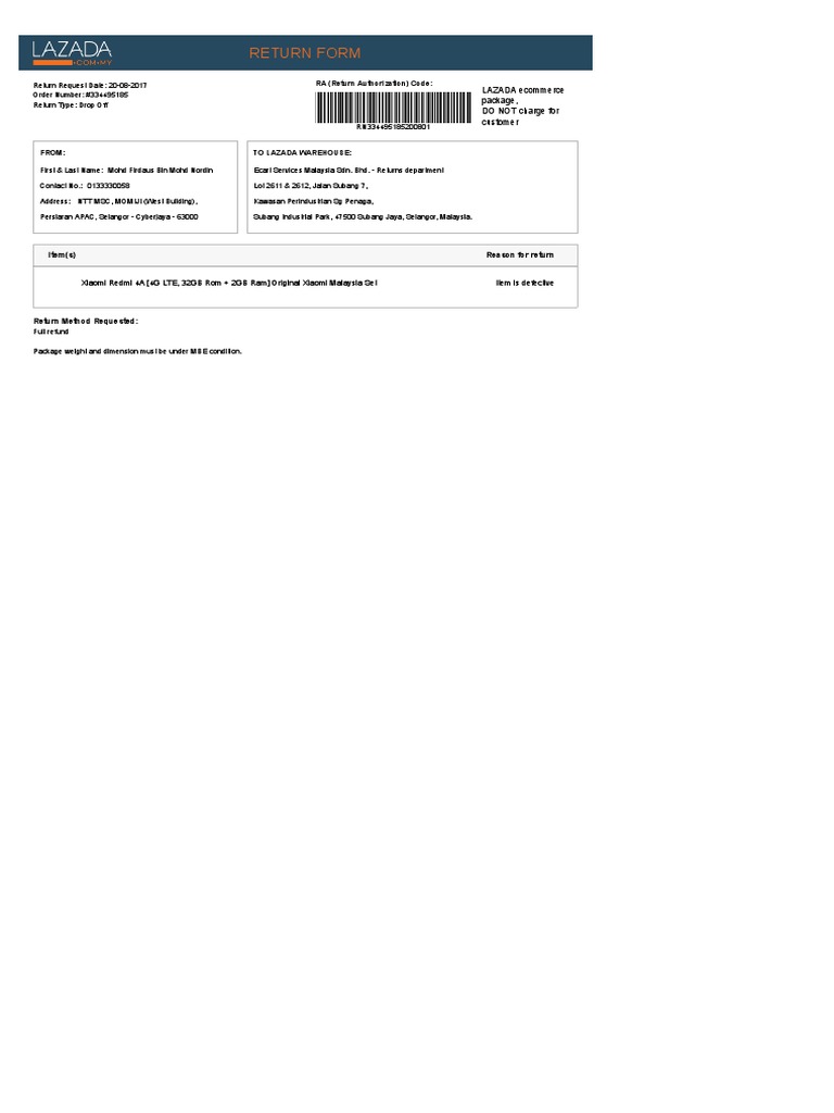 Lazada Return Form PDF