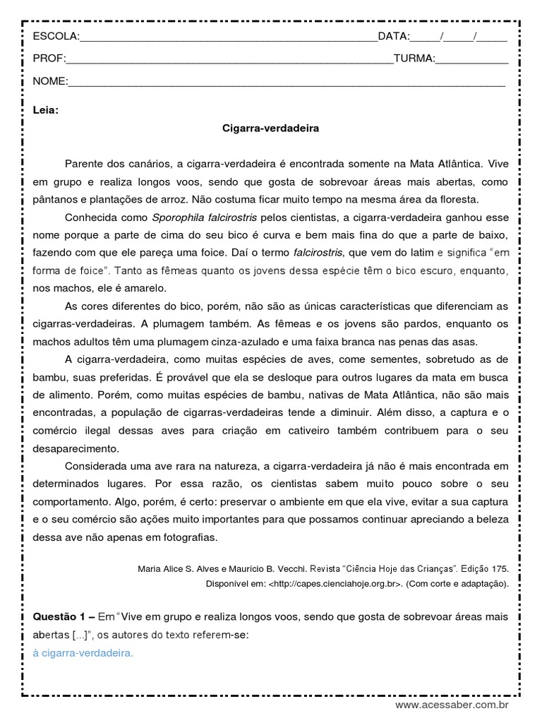 Interpretacao de Texto Cigarra Verdadeira 6o Ano Respostas | PDF | Bico ...
