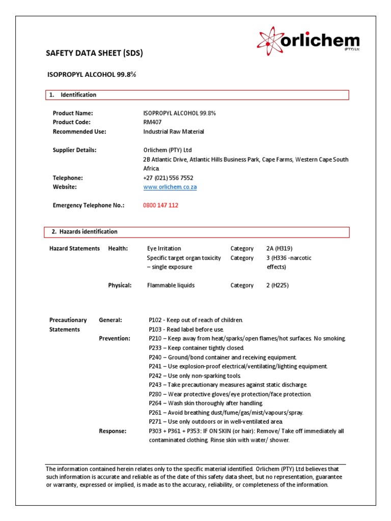 Safety Data Sheet (SDS) Isopropyl Alcohol 99.8 PDF Toxicity