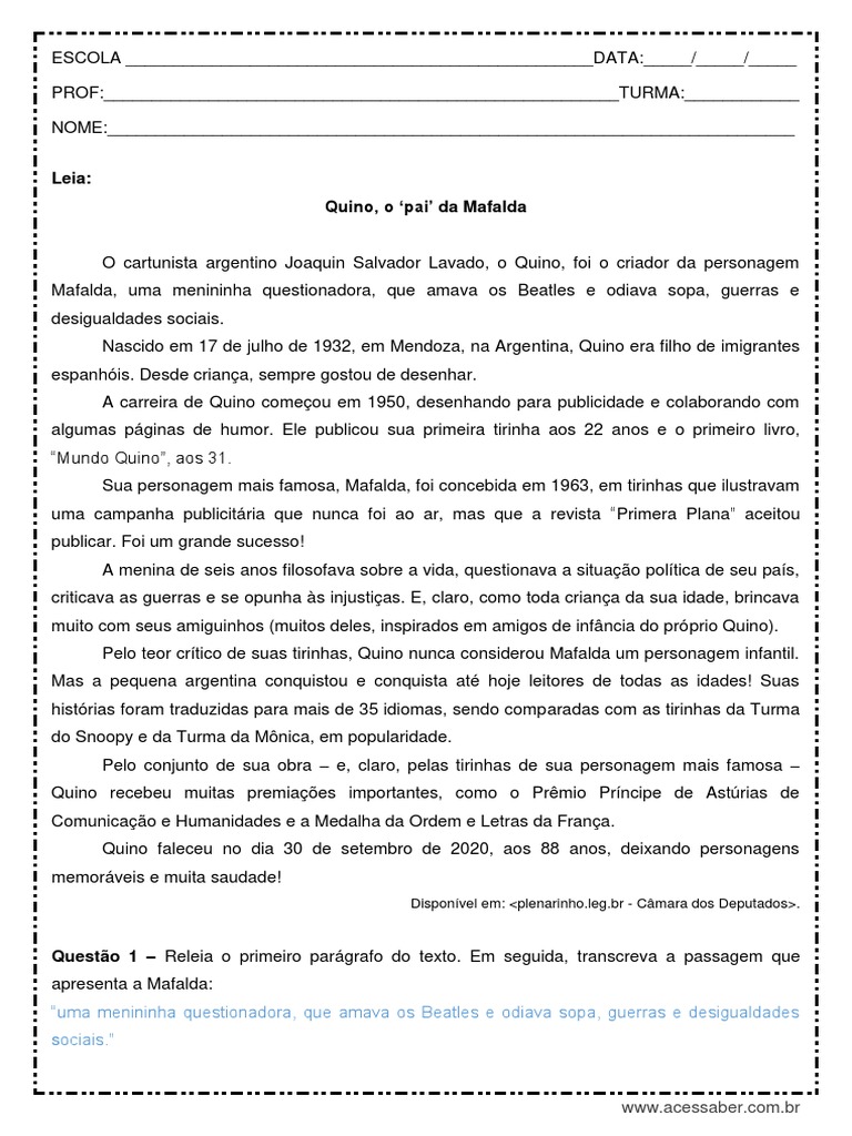Interpretacao de Texto Quino o Pai Da Mafalda 6o Ano Respostas | PDF