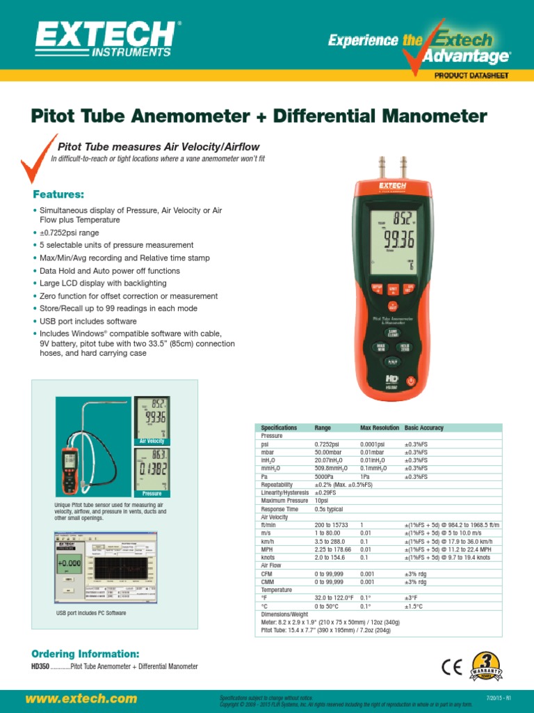 Pitot Tube Anemometer + Differential Manometer PDF Pressure
