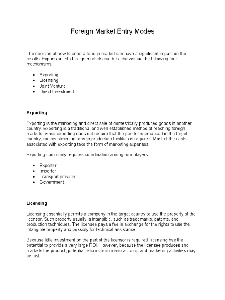 Foreign Market Entry Strategies Explained | PDF | Joint Venture | License